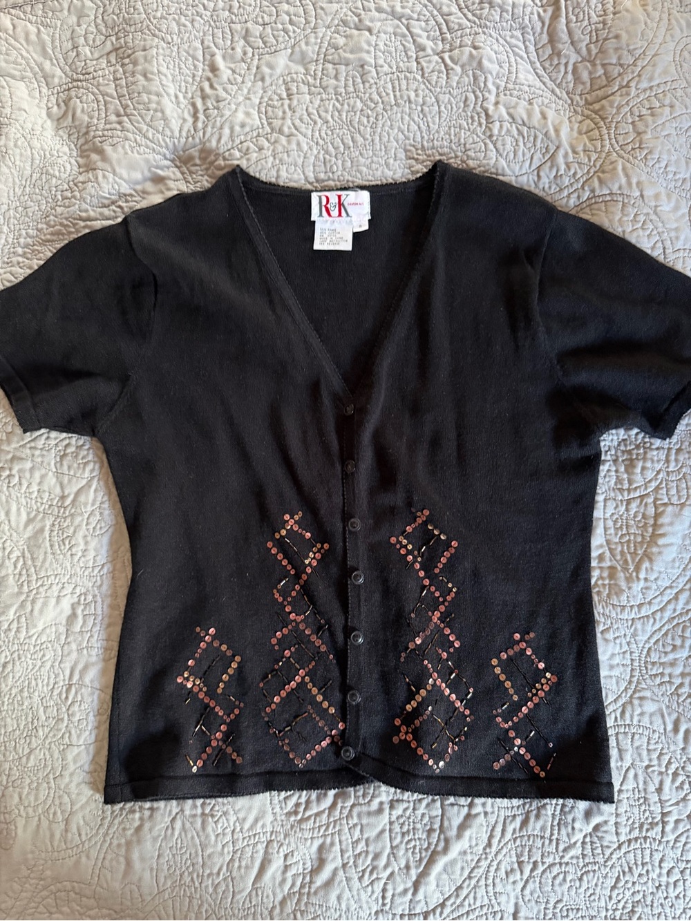 Vintage R & K Short-Sleeve Button Cardigan or top with sequins
